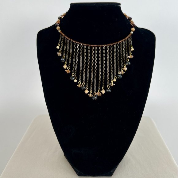 Vintage Y2K Brown Beaded Tassel Choker Necklace - Bohemian Fairy Grunge Jewelry - Picture 2 of 4